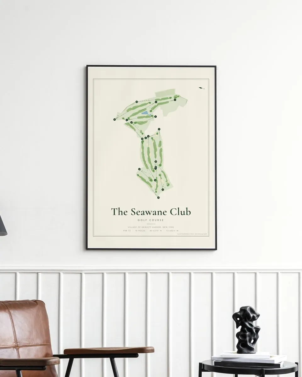 The Seawane Club golf course map print framed on a wall