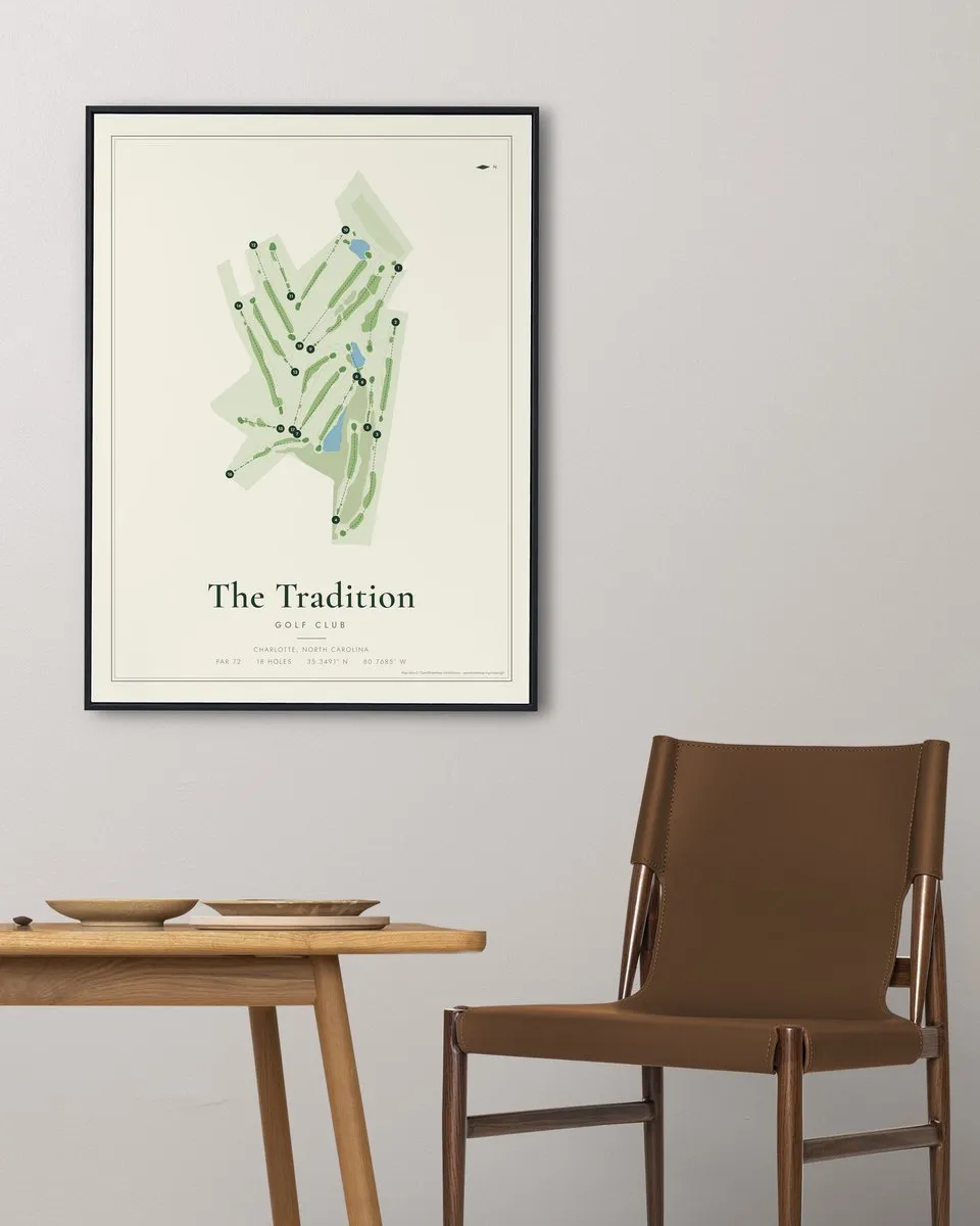 The Tradition Golf Club golf course map print framed on a wall