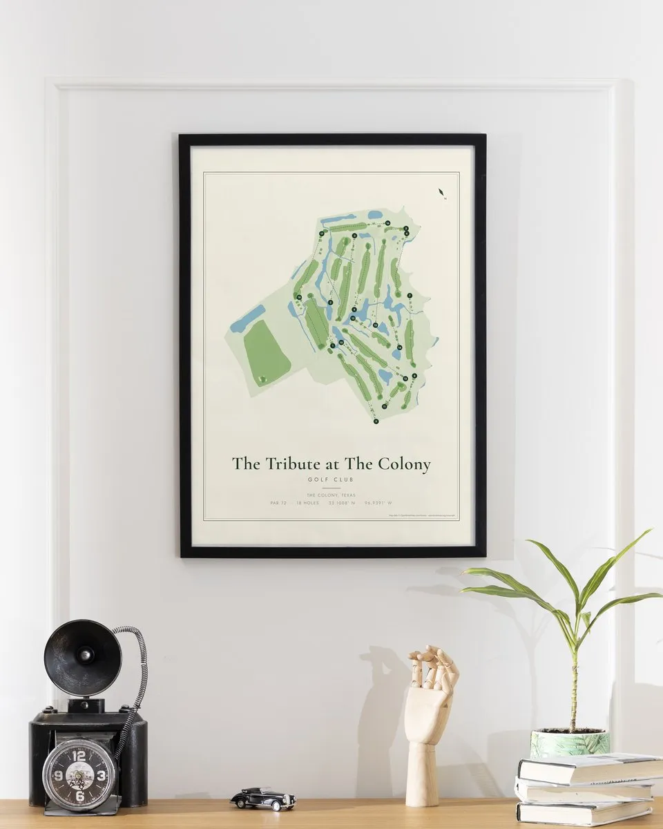 The Tribute at The Colony Golf Club golf course map print framed on a wall