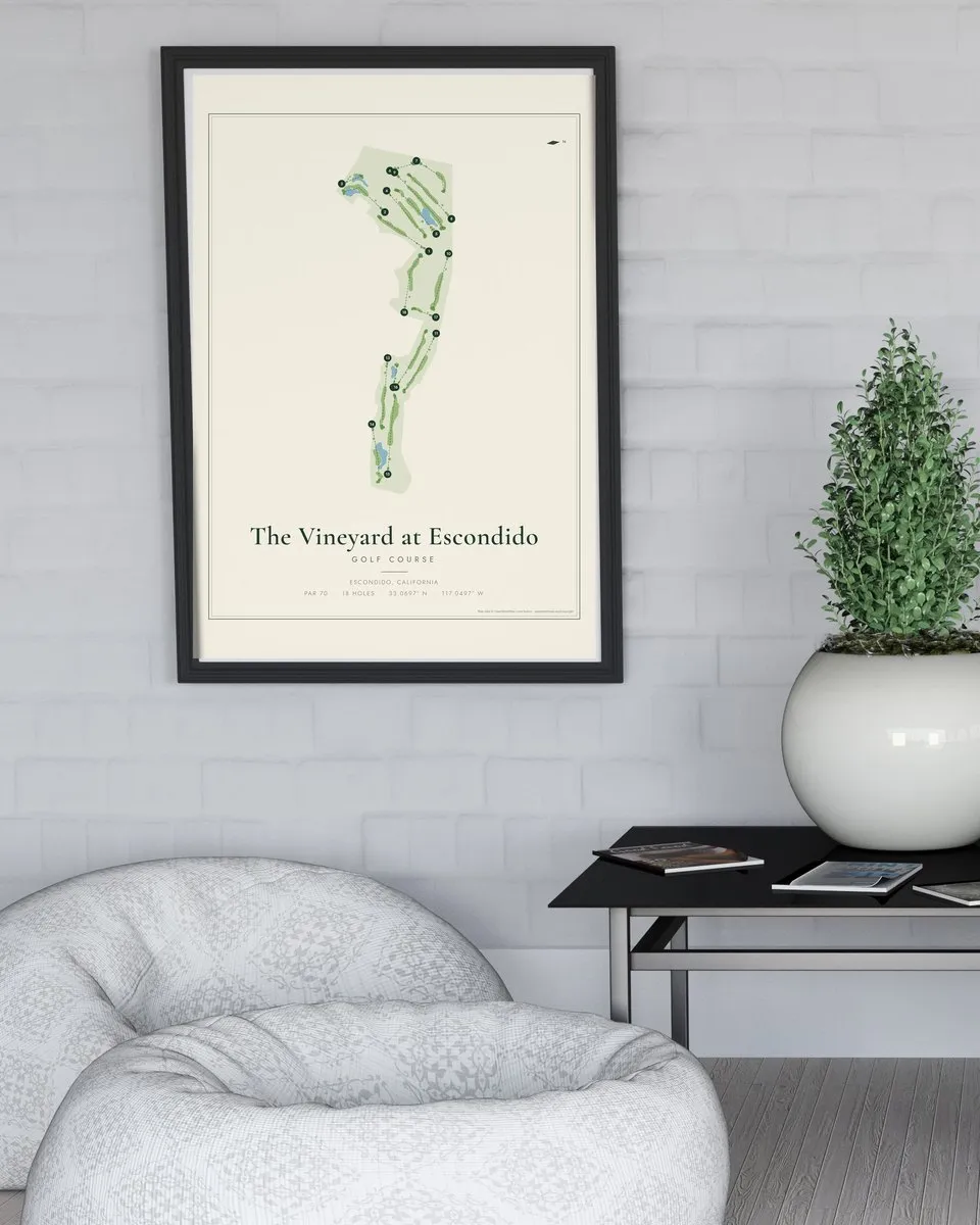 The Vineyard at Escondido Golf Course golf course map print framed on a wall