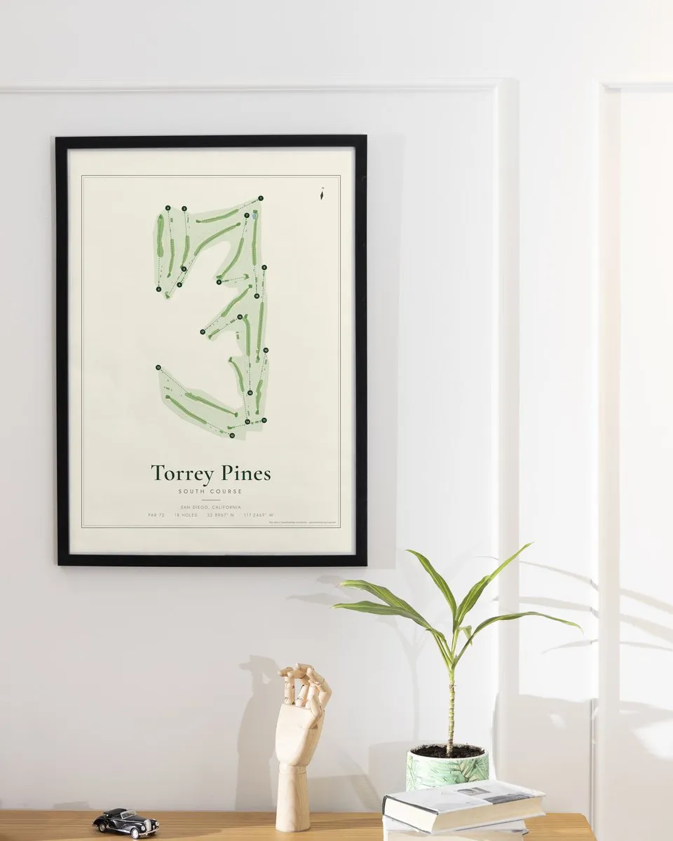 Torrey Pines South Course golf course map print framed on a wall