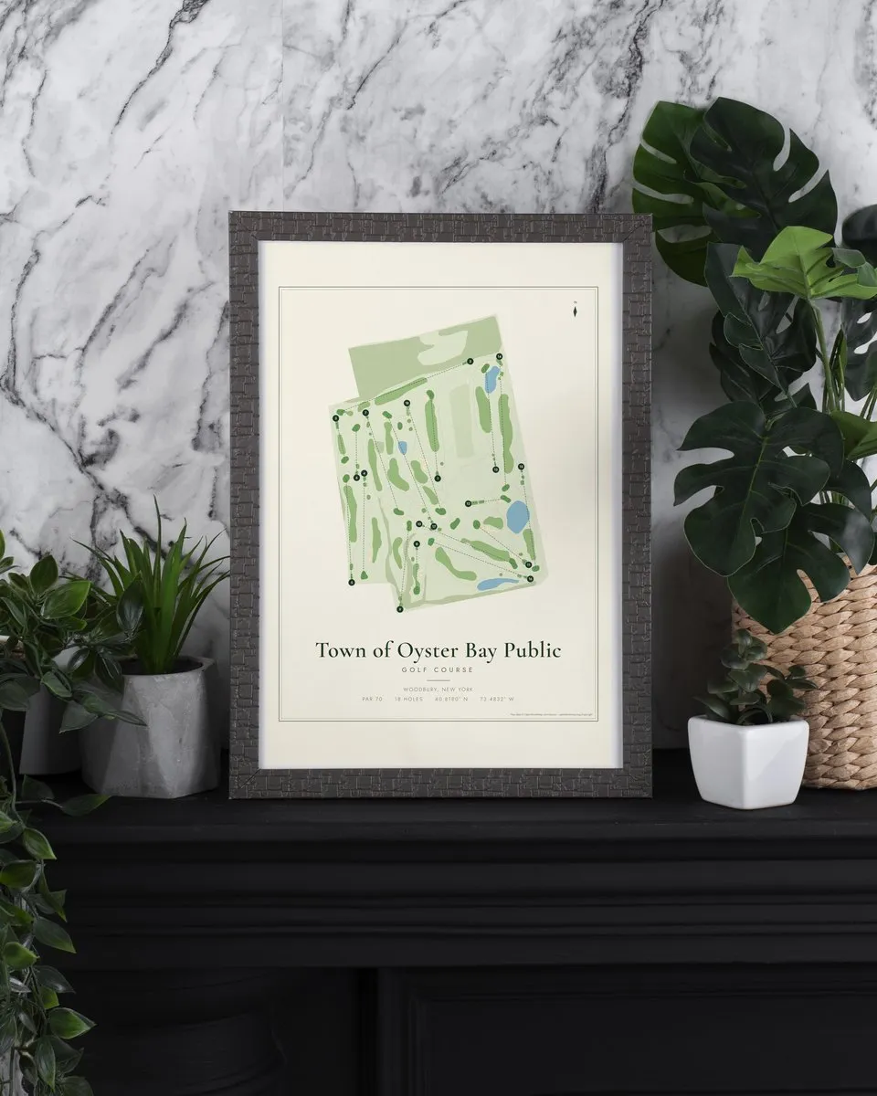 Town of Oyster Bay Public Golf Course golf course map print framed on a wall
