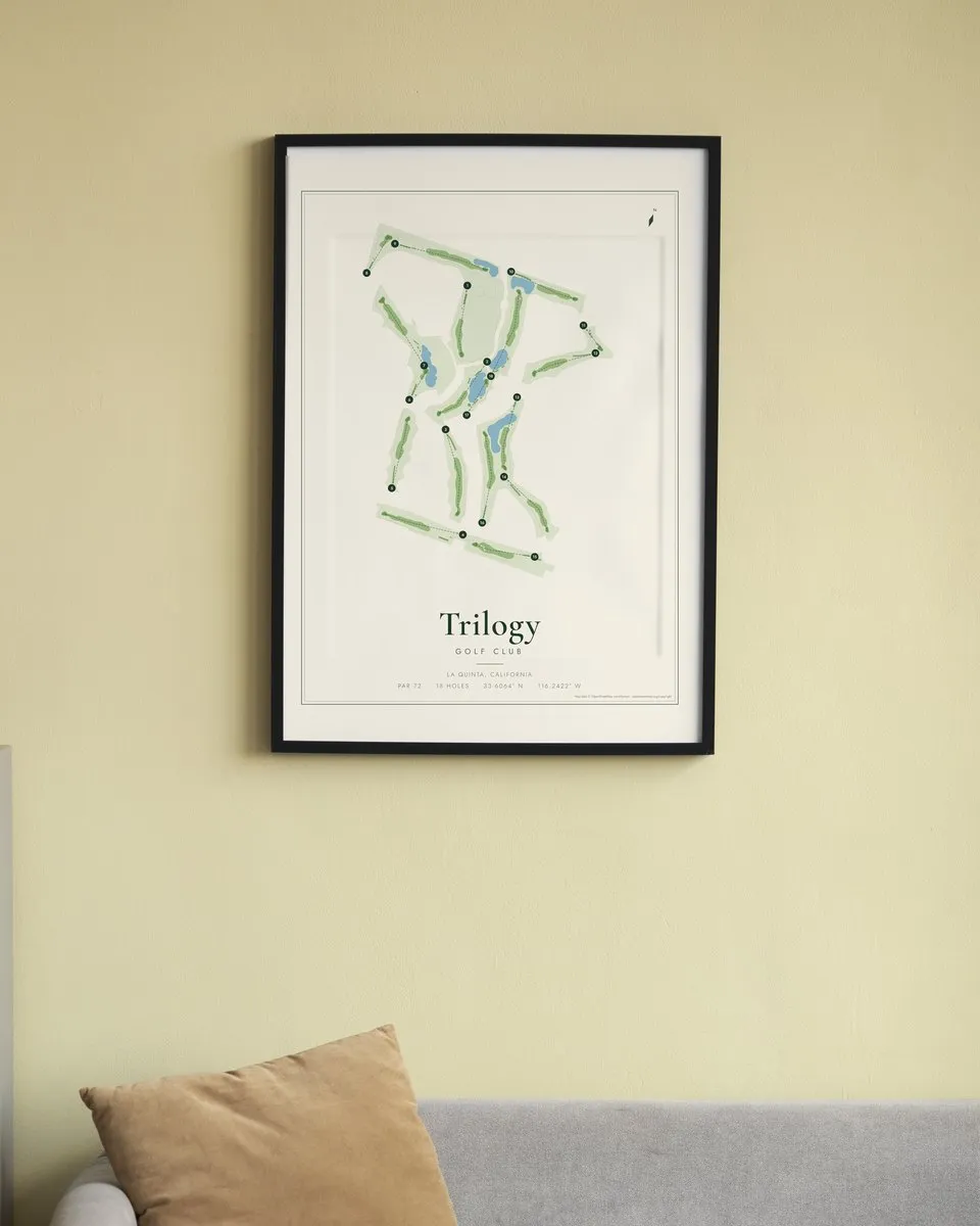Trilogy Golf Club at La Quinta golf course map print framed on a wall