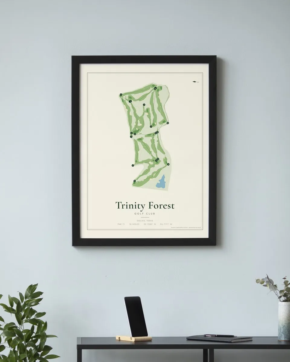 Trinity Forest Golf Club golf course map print framed on a wall