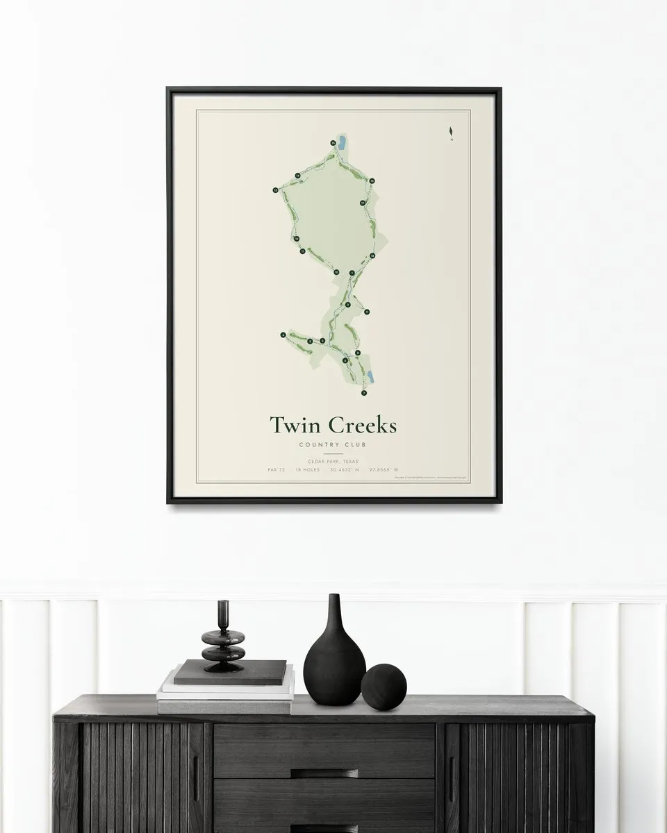 Twin Creeks Country Club golf course map print framed on a wall