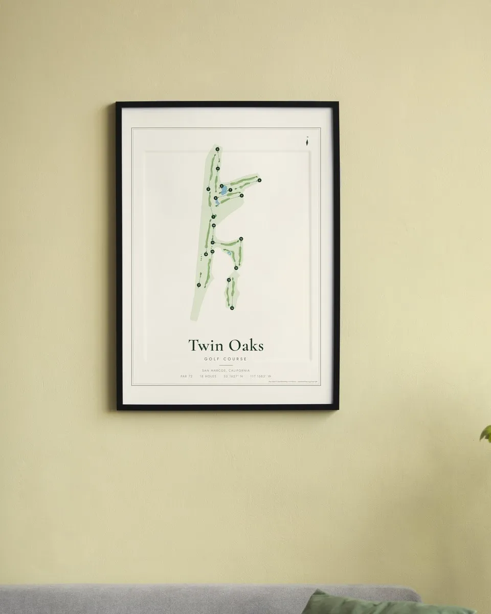 Twin Oaks Golf Course golf course map print framed on a wall