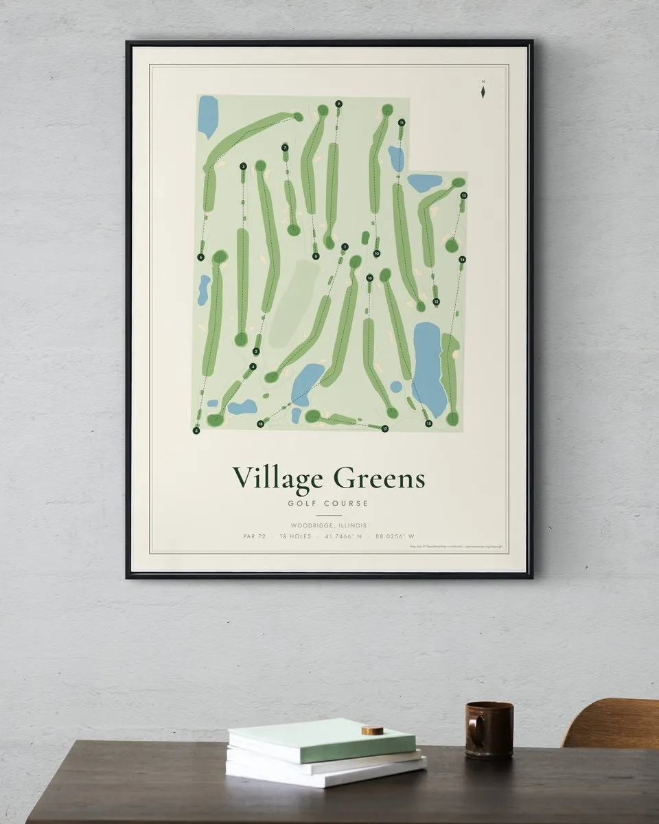 Village Greens of Woodridge golf course map print framed on a wall