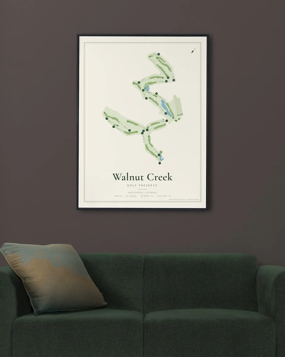Walnut Creek Golf Preserve golf course map print framed on a wall