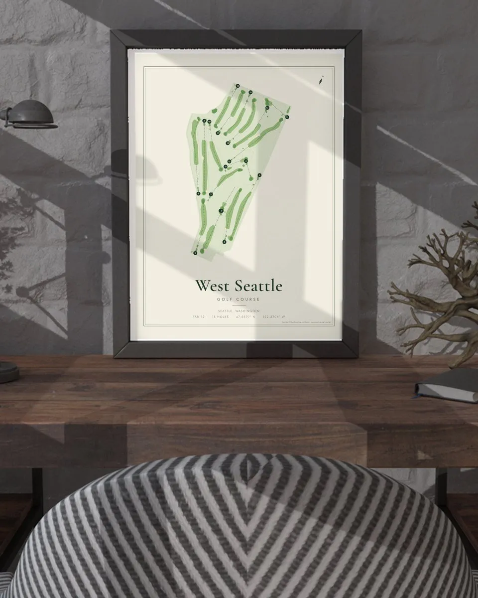West Seattle Golf Course golf course map print framed on a wall