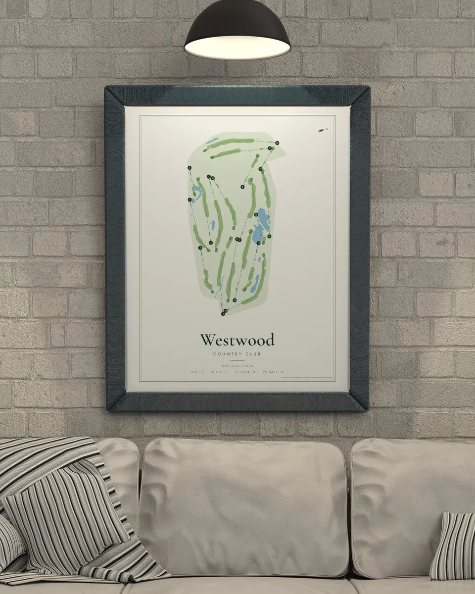 Westwood Country Club golf course map print framed on a wall