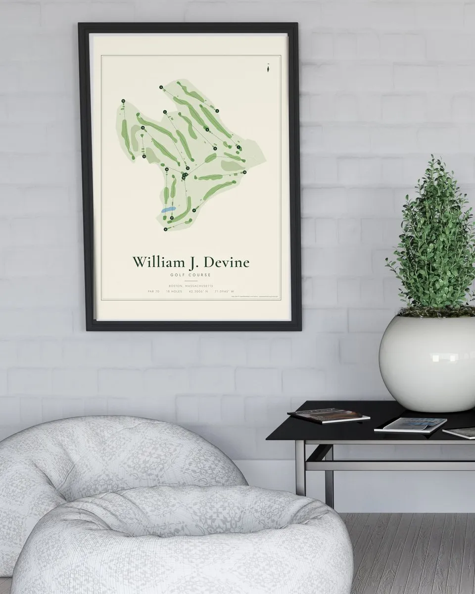 William J. Devine Golf Course golf course map print framed on a wall