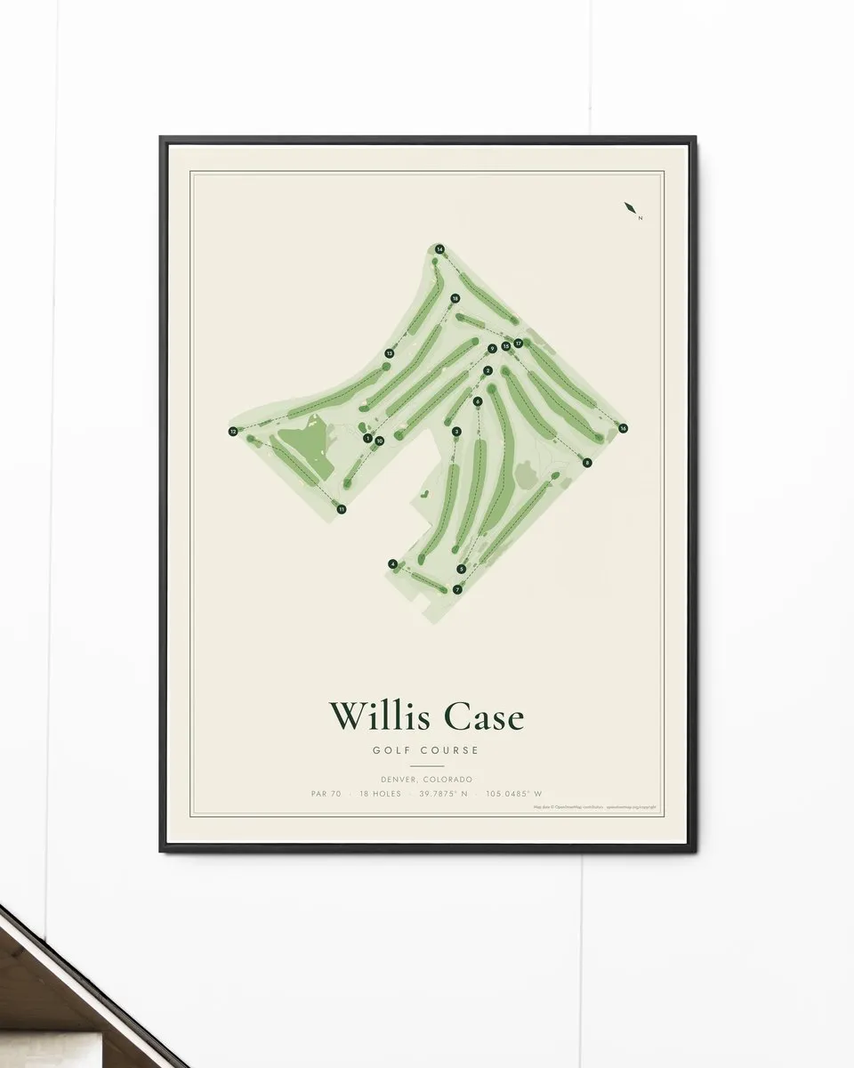 Willis Case Golf Course golf course map print framed on a wall