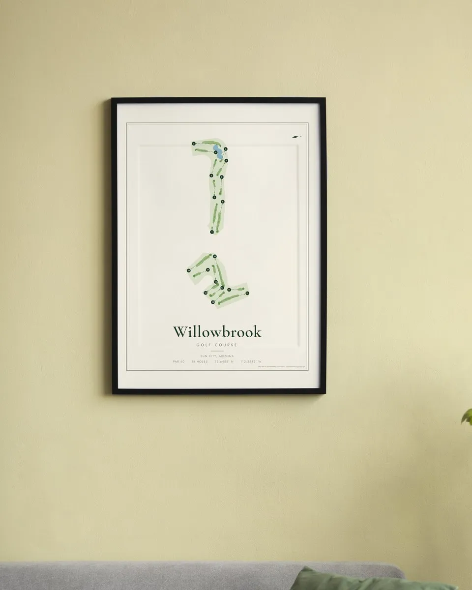 Willowbrook Golf Course golf course map print framed on a wall