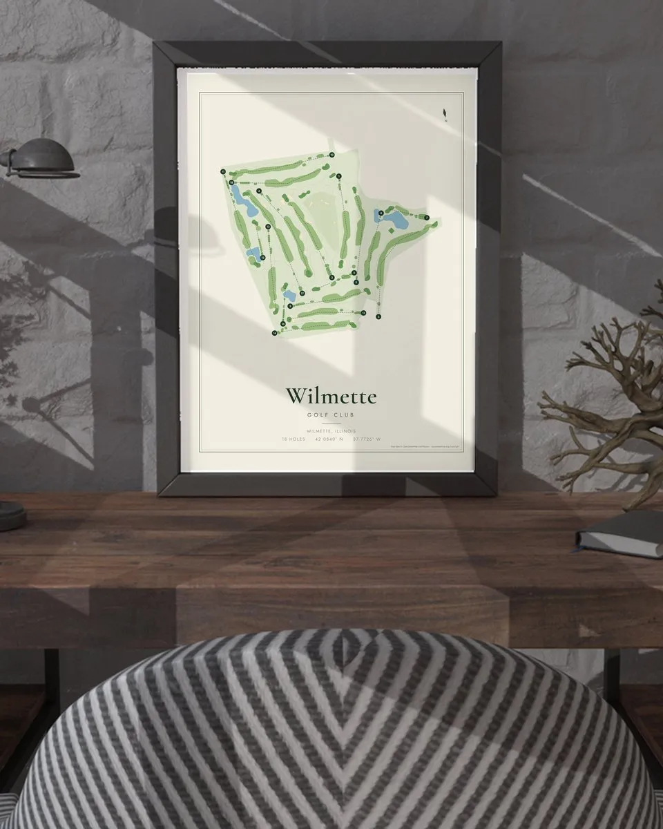 Wilmette Golf Club golf course map print framed on a wall