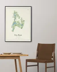 Fox Run Golf Links map print, framed in a room