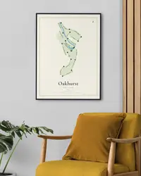 Oakhurst Golf Club map print, framed in a room