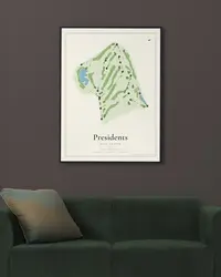 Presidents Golf Course map print, framed in a room