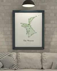 The Weston Golf Club map print, framed in a room