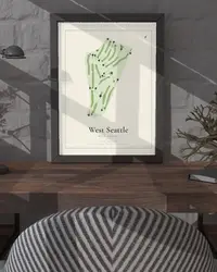West Seattle Golf Course map print, framed in a room