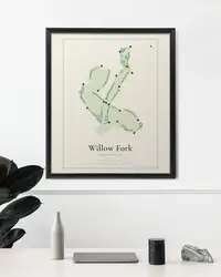 Willow Fork Country Club map print, framed in a room