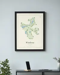 Windrose Golf Club map print, framed in a room